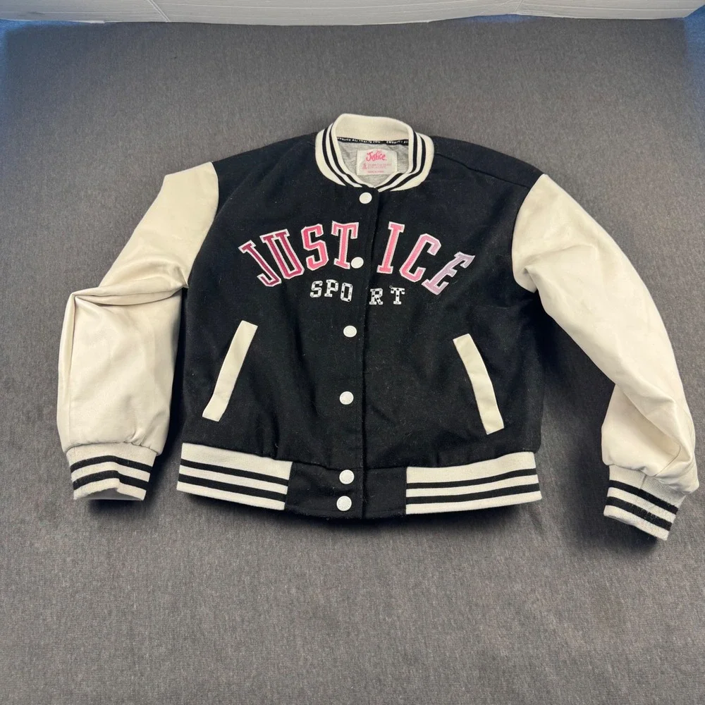 Justice Sport Girls Varsity Jacket Black White Pink Smiley Face Size S 7/8